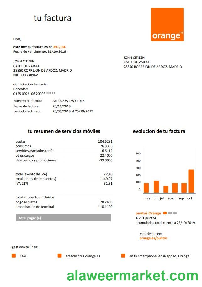 Spain Orange easy fillable utility bill template in Word and PDF format
